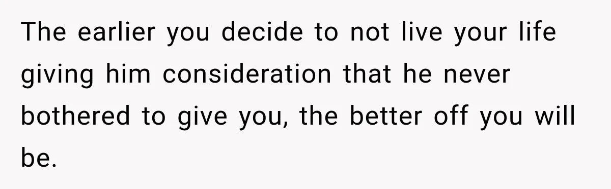 The earlier you decide to not live your life giving him consideration that he never bothered to give you, the better off you will be.