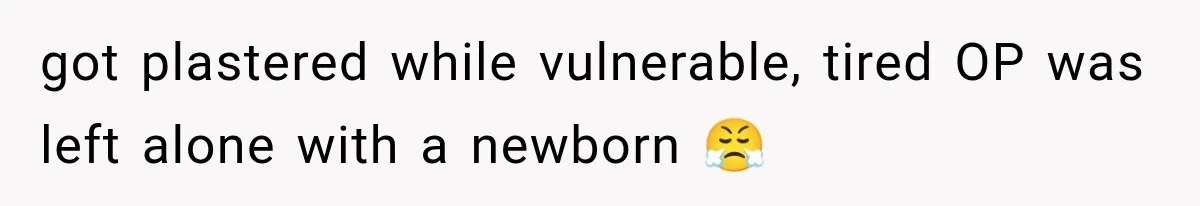 got plastered while vulnerable, tired OP was left alone with a newborn 😤