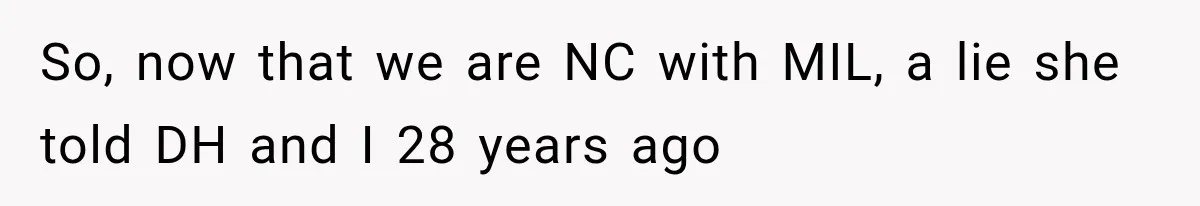 So, now that we are NC with MIL, a lie she told DH and I 28 years ago