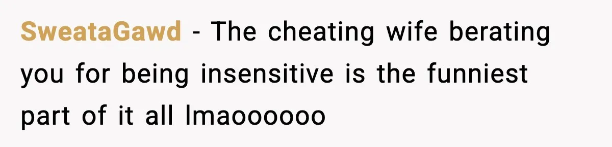 SweataGawd − The cheating wife berating you for being insensitive is the funniest part of it all lmaoooooo