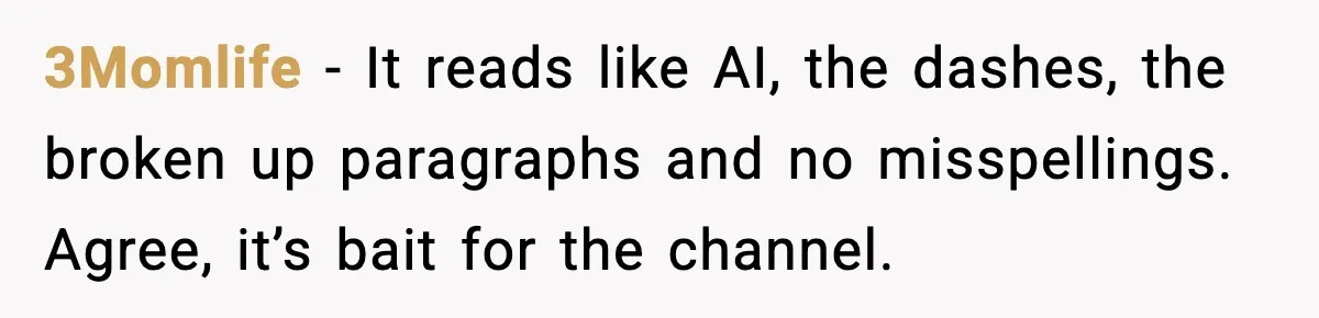 3Momlife − It reads like AI, the dashes, the broken up paragraphs and no misspellings. Agree, it’s bait for the channel.
