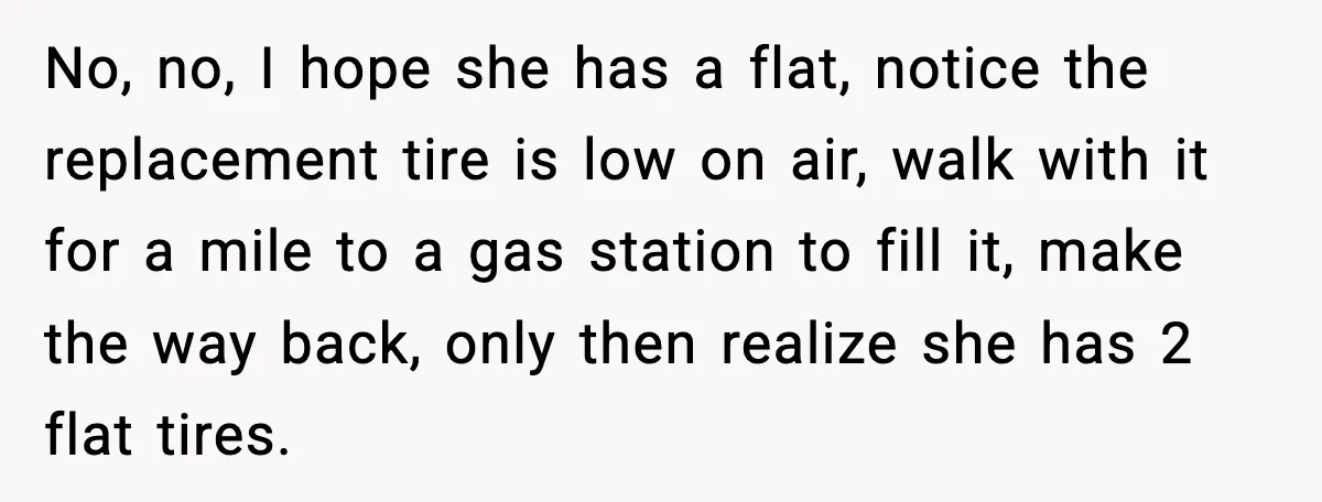 Woman Demands Ambulance Move While Injured Delivery Driver Is Being Loaded, Then Gets a Very Awkward Delivery Months Later No, no, I hope she has a flat, notice the replacement tire is low on air, walk with it for a mile to a gas station to fill it, make...