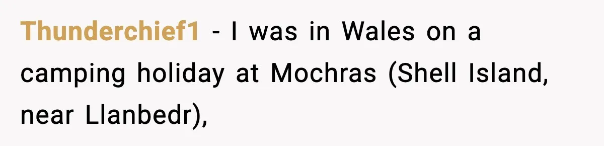 Woman Demands Ambulance Move While Injured Delivery Driver Is Being Loaded, Then Gets a Very Awkward Delivery Months Later Thunderchief1 − I was in Wales on a camping holiday at Mochras (Shell Island, near Llanbedr),