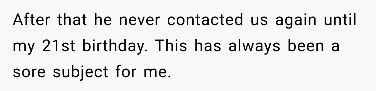 After that he never contacted us again until my 21st birthday. This has always been a sore subject for me.