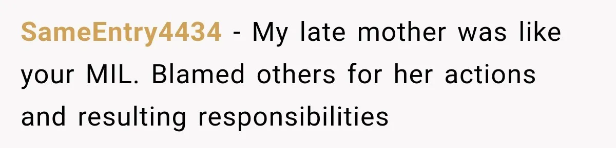 SameEntry4434 − My late mother was like your MIL. Blamed others for her actions and resulting responsibilities