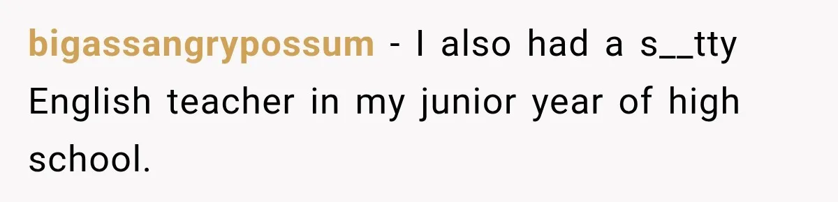 bigassangrypossum − I also had a s__tty English teacher in my junior year of high school.