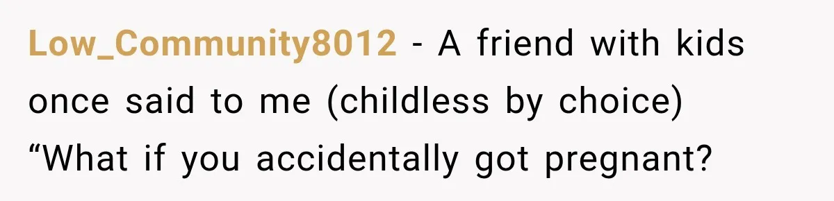 Low_Community8012 − A friend with kids once said to me (childless by choice) “What if you accidentally got pregnant?