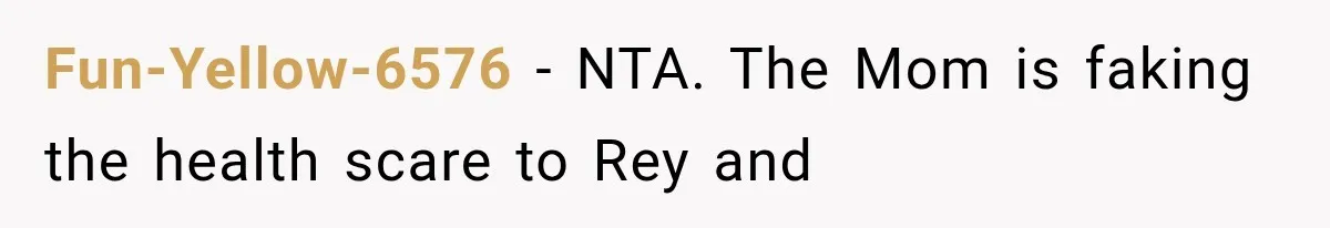 Fun-Yellow-6576 − NTA. The Mom is faking the health scare to Rey and