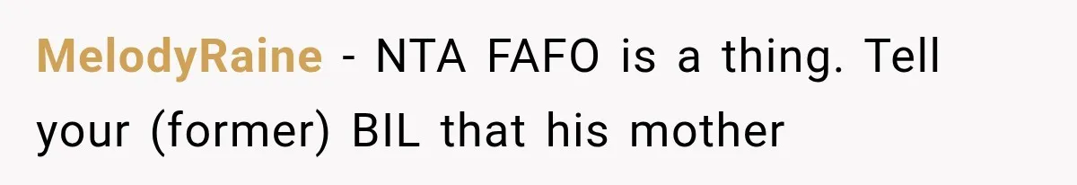MelodyRaine − NTA FAFO is a thing. Tell your (former) BIL that his mother