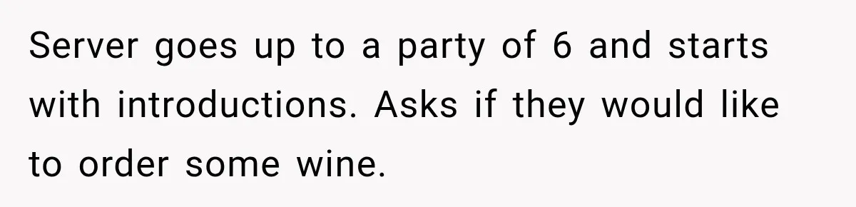 Server goes up to a party of 6 and starts with introductions. Asks if they would like to order some wine.