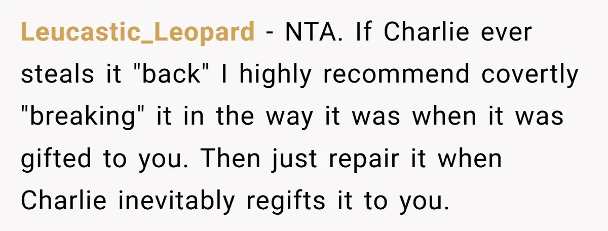 Leucastic_Leopard − NTA. If Charlie ever steals it "back" I highly recommend covertly "breaking" it in the way it was when it was gifted to you. Then just repair it...