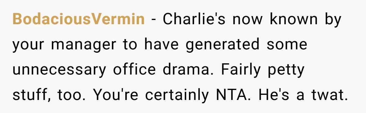 BodaciousVermin − Charlie's now known by your manager to have generated some unnecessary office drama. Fairly petty stuff, too. You're certainly NTA. He's a twat.