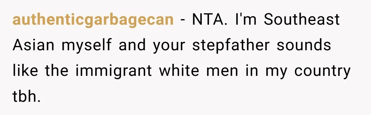 She Walked Away After Her Stepfather Made a Racist Comment, Then He Had a Panic Attack authenticgarbagecan − NTA. I'm Southeast Asian myself and your stepfather sounds like the immigrant white men in my country tbh.