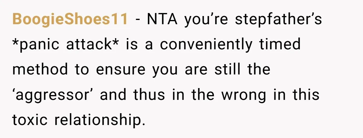 She Walked Away After Her Stepfather Made a Racist Comment, Then He Had a Panic Attack BoogieShoes11 − NTA you’re stepfather’s *panic attack* is a conveniently timed method to ensure you are still the ‘aggressor’ and thus in the wrong in this toxic relationship.