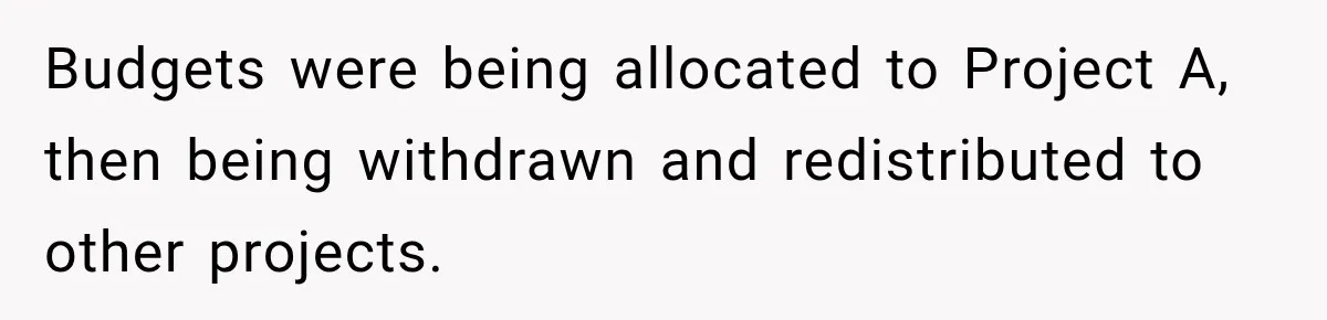 Contractor Finishes Three-Year Term, Says Nothing, and Waits to See When Management Notices Budgets were being allocated to Project A, then being withdrawn and redistributed to other projects.