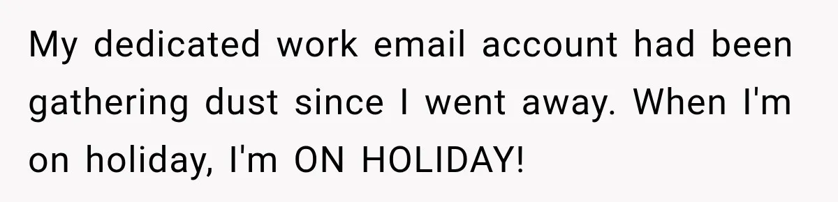 Contractor Finishes Three-Year Term, Says Nothing, and Waits to See When Management Notices My dedicated work email account had been gathering dust since I went away. When I'm on holiday, I'm ON HOLIDAY!