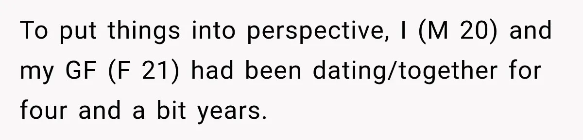 To put things into perspective, I (M 20) and my GF (F 21) had been dating/together for four and a bit years.