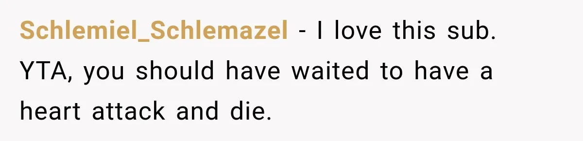 Schlemiel_Schlemazel − I love this sub. YTA, you should have waited to have a heart attack and die.