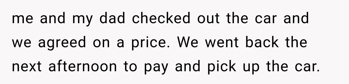 me and my dad checked out the car and we agreed on a price. We went back the next afternoon to pay and pick up the car.