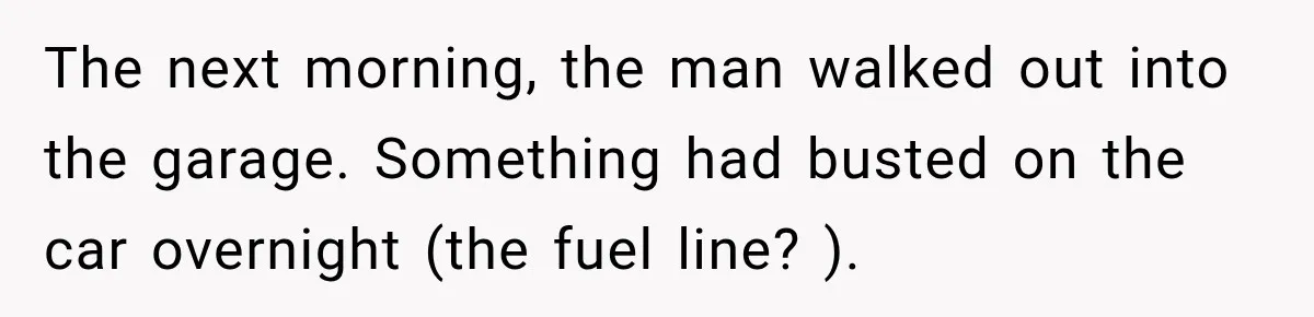 The next morning, the man walked out into the garage. Something had busted on the car overnight (the fuel line? ).