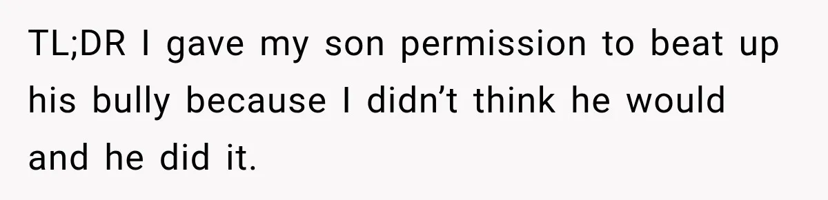 TL;DR I gave my son permission to beat up his bully because I didn’t think he would and he did it.