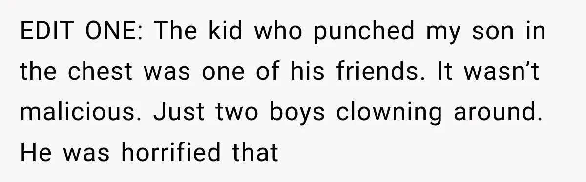 EDIT ONE: The kid who punched my son in the chest was one of his friends. It wasn’t malicious. Just two boys clowning around. He was horrified that