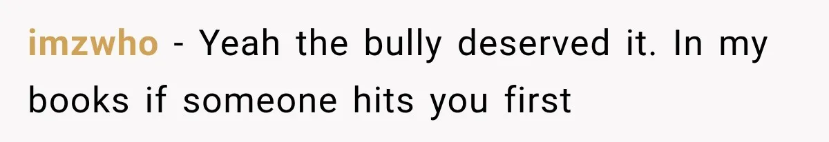 imzwho − Yeah the bully deserved it. In my books if someone hits you first