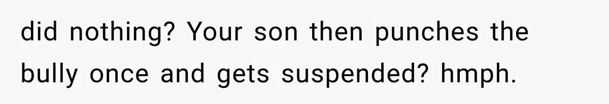 did nothing? Your son then punches the bully once and gets suspended? hmph.