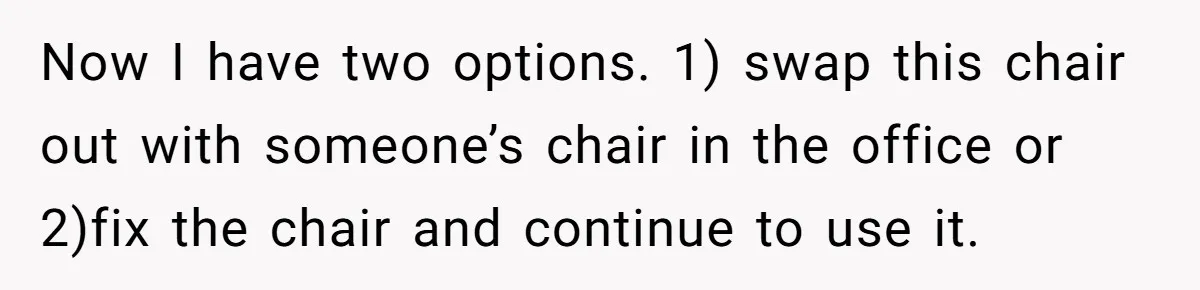 Now I have two options. 1) swap this chair out with someone’s chair in the office or 2)fix the chair and continue to use it.