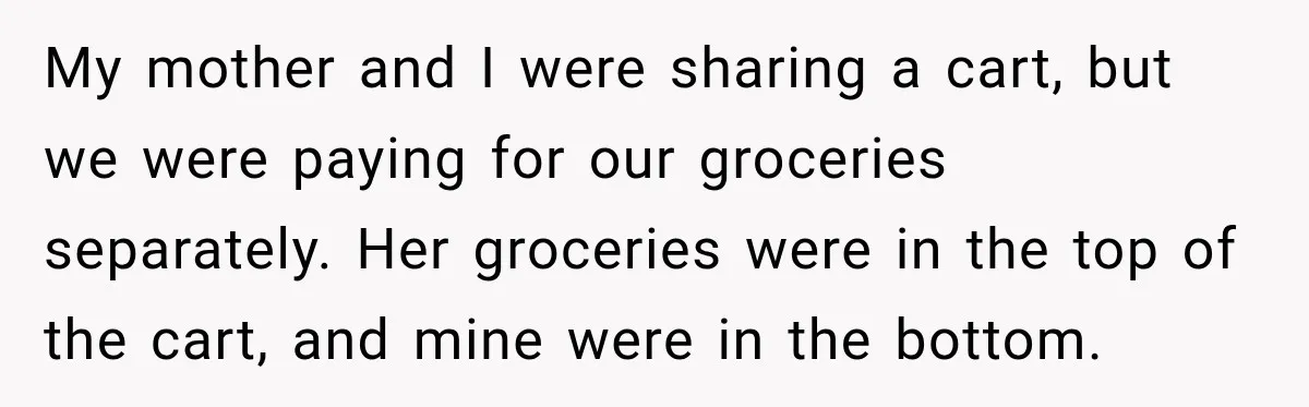 My mother and I were sharing a cart, but we were paying for our groceries separately. Her groceries were in the top of the cart, and mine were in the...