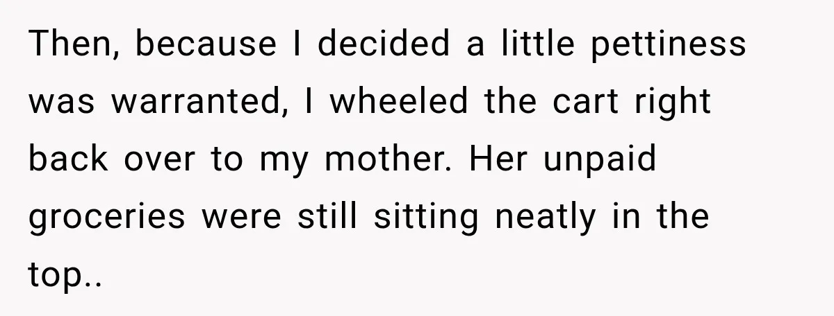 Then, because I decided a little pettiness was warranted, I wheeled the cart right back over to my mother. Her unpaid groceries were still sitting neatly in the top..