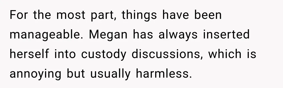 For the most part, things have been manageable. Megan has always inserted herself into custody discussions, which is annoying but usually harmless.