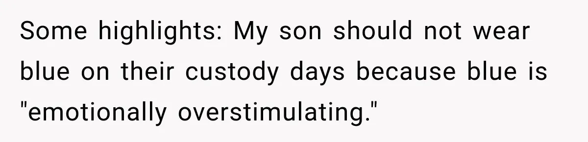 Some highlights: My son should not wear blue on their custody days because blue is "emotionally overstimulating."