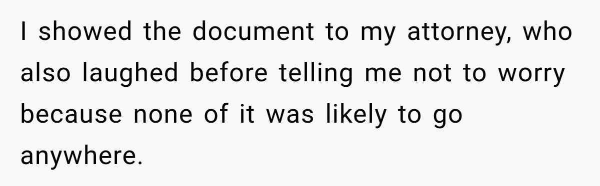 I showed the document to my attorney, who also laughed before telling me not to worry because none of it was likely to go anywhere.