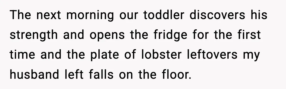 The next morning our toddler discovers his strength and opens the fridge for the first time and the plate of lobster leftovers my husband left falls on the floor.