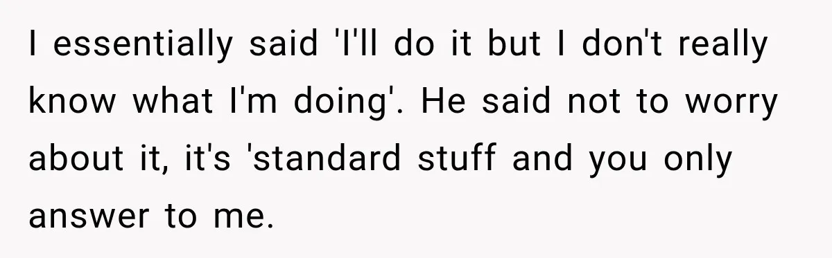 I essentially said 'I'll do it but I don't really know what I'm doing'. He said not to worry about it, it's 'standard stuff and you only answer to me.