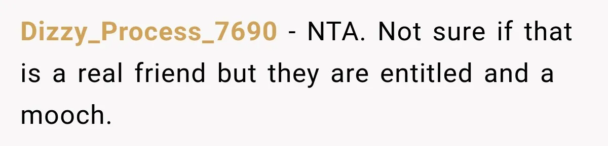 Dizzy_Process_7690 − NTA. Not sure if that is a real friend but they are entitled and a mooch.