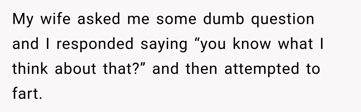 Husband Trusts One Fart After Pizza, And His Wife Somehow Makes Things Even Worse My wife asked me some dumb question and I responded saying “you know what I think about that?” and then attempted to fart.
