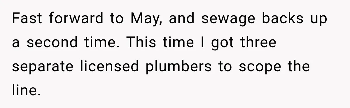 Fast forward to May, and sewage backs up a second time. This time I got three separate licensed plumbers to scope the line.
