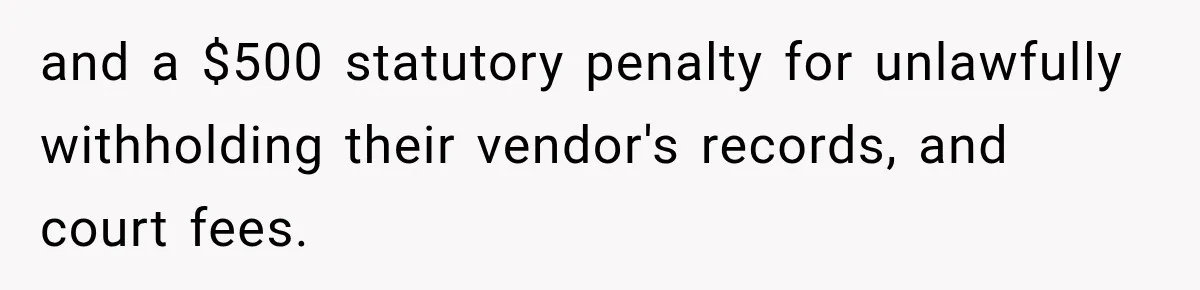 and a $500 statutory penalty for unlawfully withholding their vendor's records, and court fees.