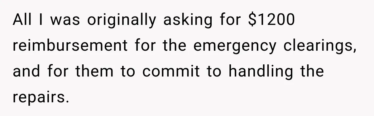 All I was originally asking for $1200 reimbursement for the emergency clearings, and for them to commit to handling the repairs.
