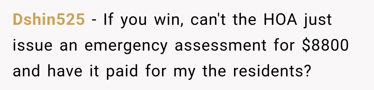Dshin525 − If you win, can't the HOA just issue an emergency assessment for $8800 and have it paid for my the residents?