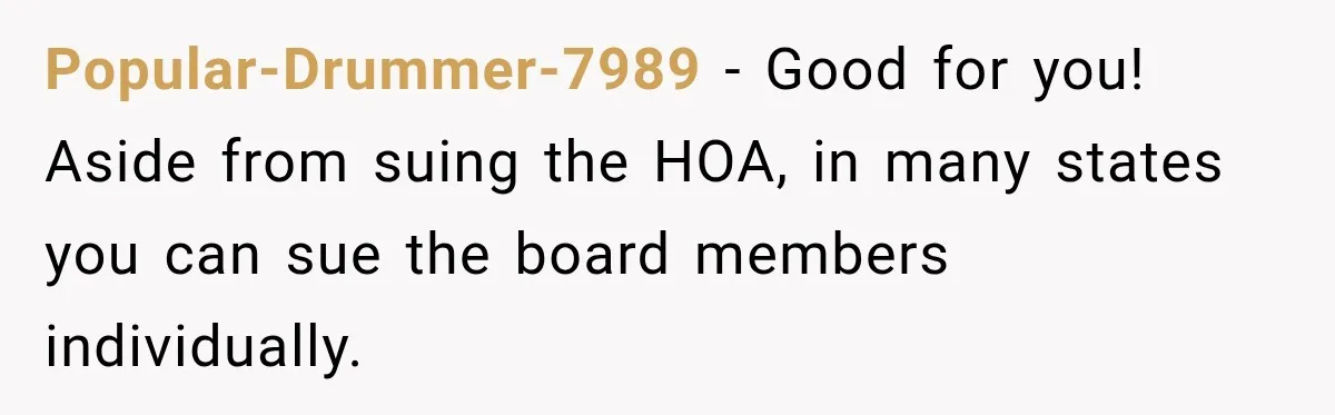 Popular-Drummer-7989 − Good for you! Aside from suing the HOA, in many states you can sue the board members individually.