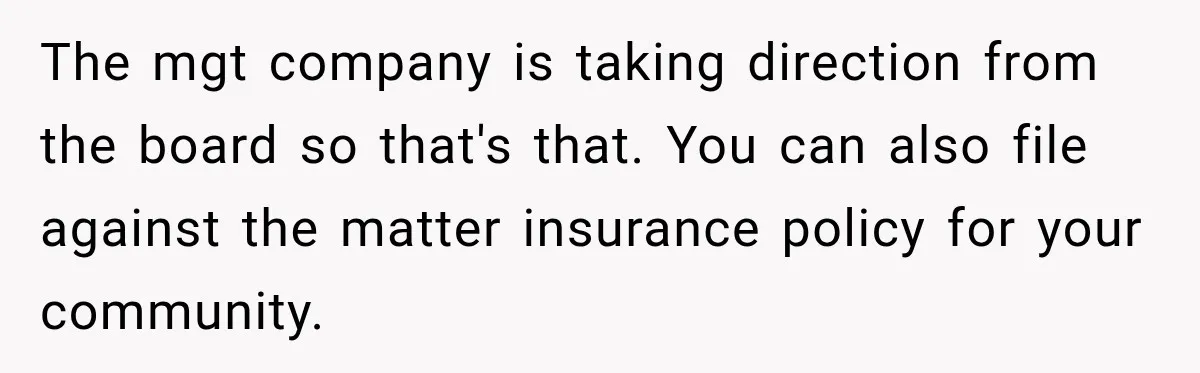 The mgt company is taking direction from the board so that's that. You can also file against the matter insurance policy for your community.