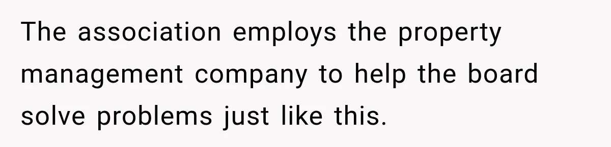 The association employs the property management company to help the board solve problems just like this.