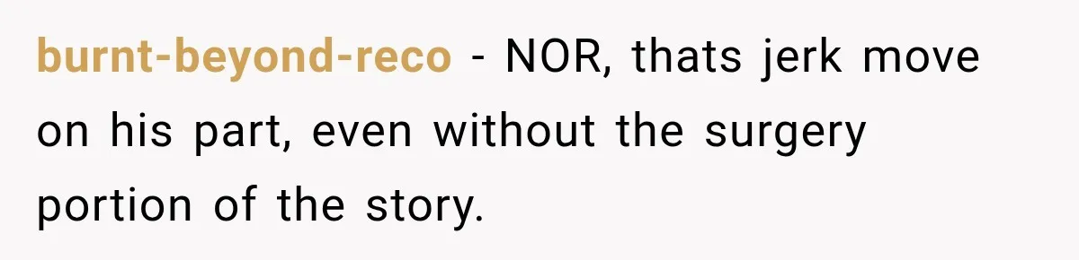 burnt-beyond-reco − NOR, thats jerk move on his part, even without the surgery portion of the story.