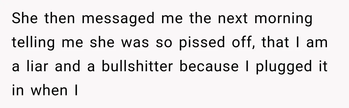 She then messaged me the next morning telling me she was so pissed off, that I am a liar and a bullshitter because I plugged it in when I