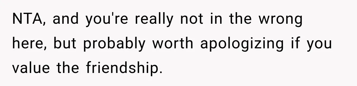 NTA, and you're really not in the wrong here, but probably worth apologizing if you value the friendship.