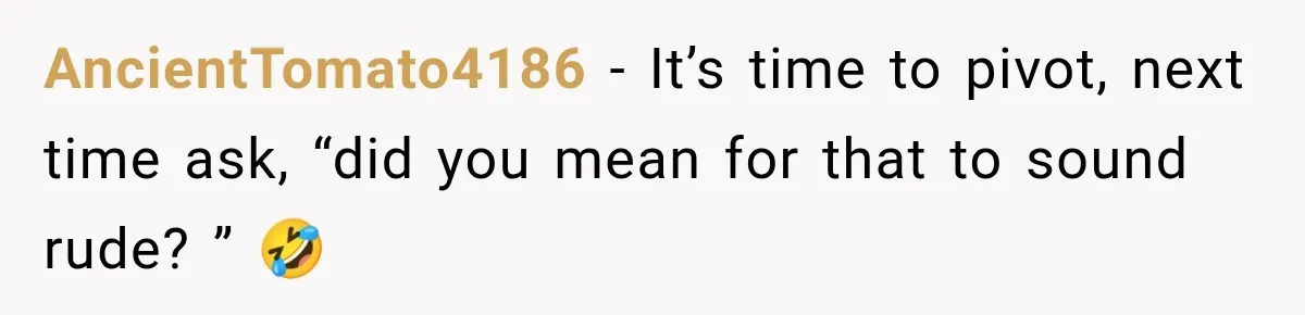 AncientTomato4186 − It’s time to pivot, next time ask, “did you mean for that to sound rude? ” 🤣
