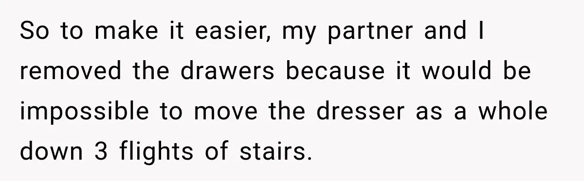 So to make it easier, my partner and I removed the drawers because it would be impossible to move the dresser as a whole down 3 flights of stairs.